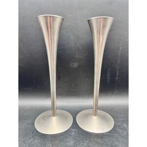 Pair‎ of Solingen Modern Trumpet Silver Tone Metal Candlesticks 6" MCM Germany
